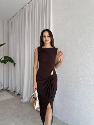  NEMESİS Midi Elbise 8136 - Acı Kahve 