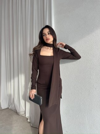 NESTOR Fularlı Elbise 2424 - Acı Kahve 