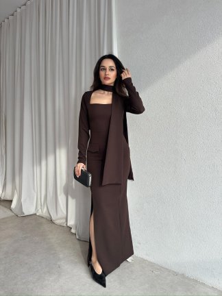 NESTOR Fularlı Elbise 2424 - Acı Kahve - 2