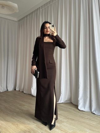 NESTOR Fularlı Elbise 2424 - Acı Kahve - 4