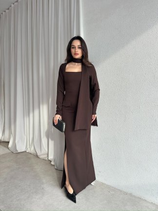 NESTOR Fularlı Elbise 2424 - Acı Kahve - 3