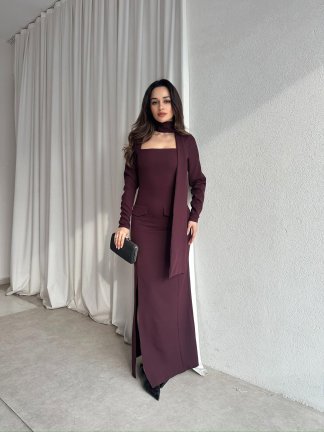 NESTOR Fularlı Elbise 2424 - Bordo - 2