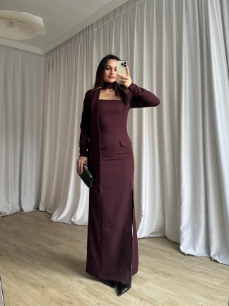 NESTOR Fularlı Elbise 2424 - Bordo - 4