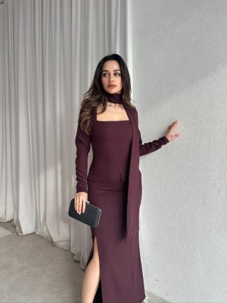 NESTOR Fularlı Elbise 2424 - Bordo 