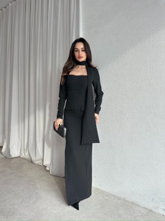 NESTOR Fularlı Elbise 2424 - Siyah - 2