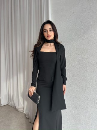 NESTOR Fularlı Elbise 2424 - Siyah - 1