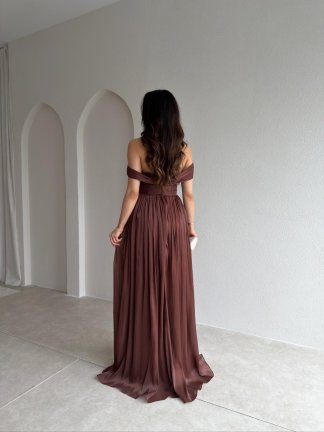 NİTSA Düşük Omuz Maxi Elbise 4129 - Acı Kahve - 3
