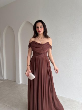NİTSA Düşük Omuz Maxi Elbise 4129 - Acı Kahve - 2