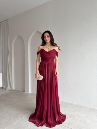 NİTSA Düşük Omuz Maxi Elbise 4129 - Bordo 