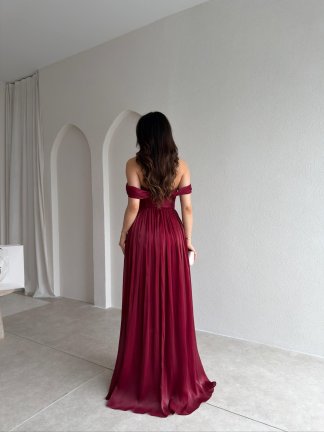 NİTSA Düşük Omuz Maxi Elbise 4129 - Bordo - 3