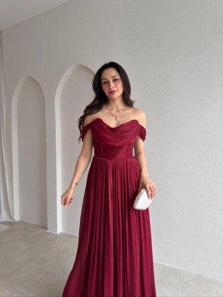 NİTSA Düşük Omuz Maxi Elbise 4129 - Bordo - 2