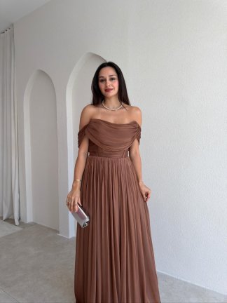 NİTSA Düşük Omuz Maxi Elbise 4129 - Kahverengi - 2