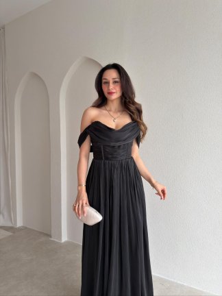 NİTSA Düşük Omuz Maxi Elbise 4129 - Siyah - 2