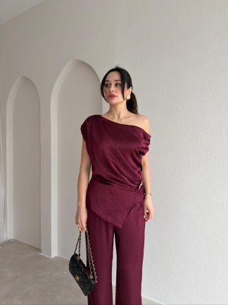 NİVRA Saten Takım 8495 - Bordo - 2