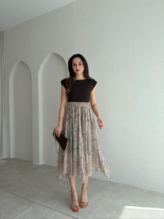 NOJİTA Altı Desenli Midi Elbise 0281 - Acı Kahve - 1