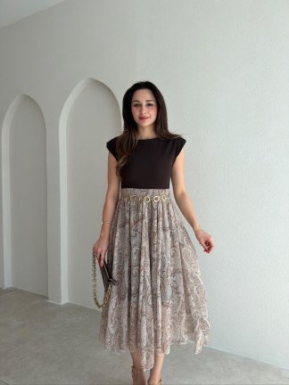 NOJİTA Altı Desenli Midi Elbise 0281 - Acı Kahve - 2