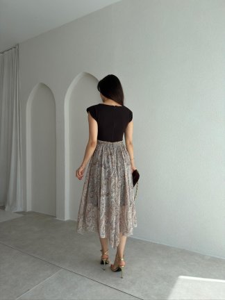 NOJİTA Altı Desenli Midi Elbise 0281 - Acı Kahve - 3