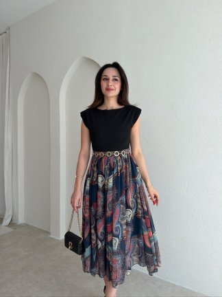 NOJİTA Altı Desenli Midi Elbise 0281 - Lacivert - 2