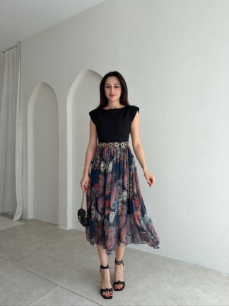 NOJİTA Altı Desenli Midi Elbise 0281 - Lacivert 