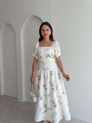 NOLİTA Çiçekli Midi Elbise 3692 - Beyaz - 2