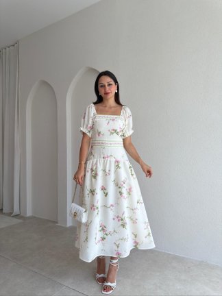 NOLİTA Çiçekli Midi Elbise 3692 - Beyaz - 1