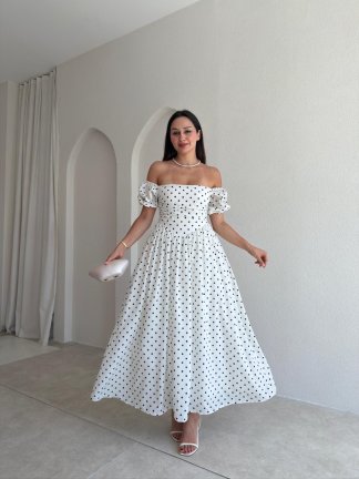 NOXELLE Puantiyeli Midi Elbise 8932 - Beyaz - 1