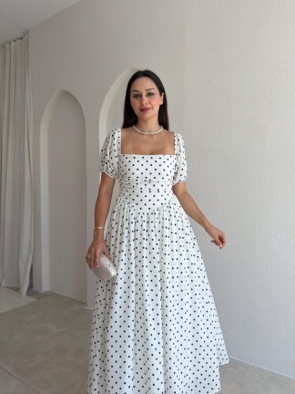NOXELLE Puantiyeli Midi Elbise 8932 - Beyaz - 3