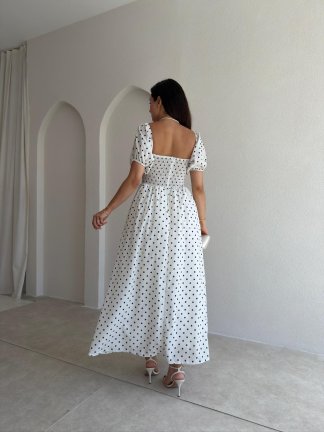 NOXELLE Puantiyeli Midi Elbise 8932 - Beyaz - 4