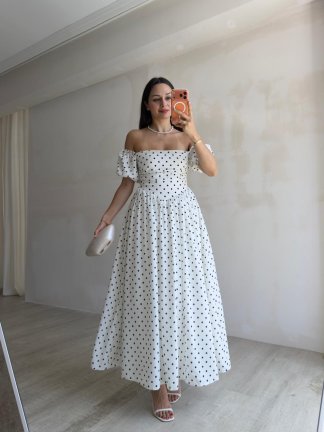 NOXELLE Puantiyeli Midi Elbise 8932 - Beyaz - 2