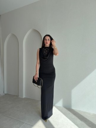 ODELLA Dantelli Maxi Elbise 2024 - Siyah - 2