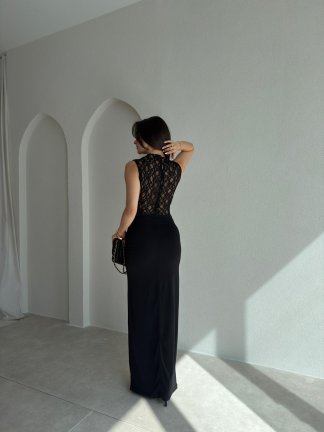 ODELLA Dantelli Maxi Elbise 2024 - Siyah - 3