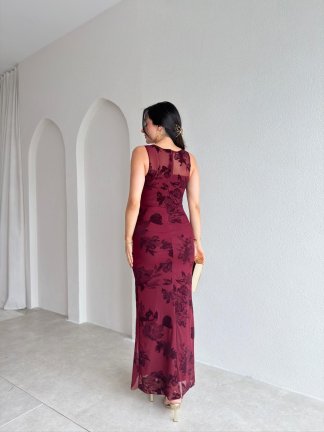 OLERA Simli Maxi Elbise 6551 - Bordo - 3
