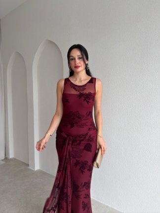 OLERA Simli Maxi Elbise 6551 - Bordo - 2