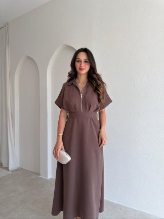 OLWEN Midi Elbise 4211 - Acı Kahve - 2