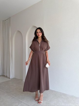 OLWEN Midi Elbise 4211 - Acı Kahve - 1