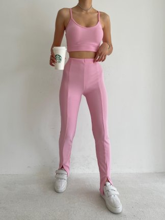 Ön Yırtmaçlı Yüksek Bel Naomi Tayt 6137 - Pudra - 2