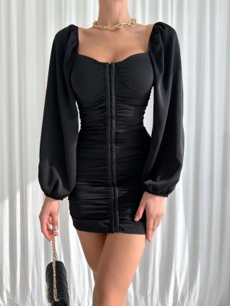 Önü Boydan Kopçalı Mini Odinson Elbise 4682 - Siyah - 2
