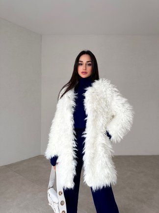 Önü Çıtçıtlı Peluş HAKUNA Kürk Kaban 3403 - Beyaz - 1