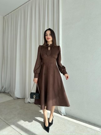 OPAL Süet Midi Elbise 8390 - Acı Kahve - 2