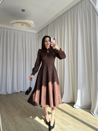 OPAL Süet Midi Elbise 8390 - Acı Kahve - 4