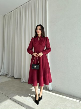 OPAL Süet Midi Elbise 8390 - Bordo - 2