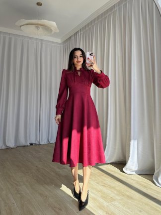 OPAL Süet Midi Elbise 8390 - Bordo - 5