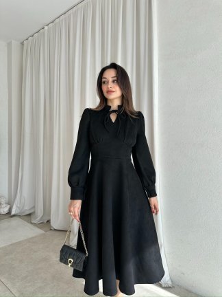 OPAL Süet Midi Elbise 8390 - Siyah 