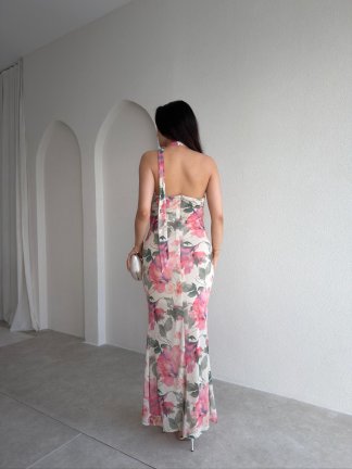 ORETTA Fularlı Straplez Maxi Elbise 7789 - Pudra - 3