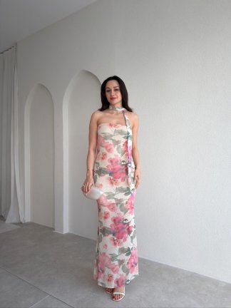 ORETTA Fularlı Straplez Maxi Elbise 7789 - Pudra - 1