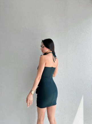 Ortanca Çiçeği Detaylı Mini ALİSON Elbise 5352 - Yeşil - 3