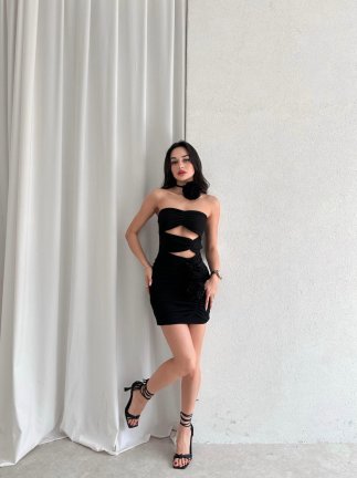 Ortanca Çiçeği Detaylı Mini ALİSON Elbise 5352 - Siyah - 2