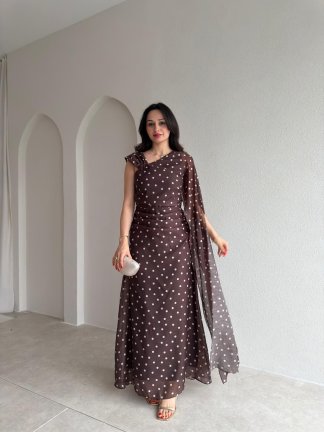 PAİN Puantiyeli Maxi Elbise 1748 - Acı Kahve - 1