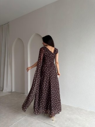PAİN Puantiyeli Maxi Elbise 1748 - Acı Kahve - 3