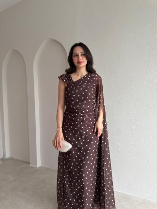 PAİN Puantiyeli Maxi Elbise 1748 - Acı Kahve - 2